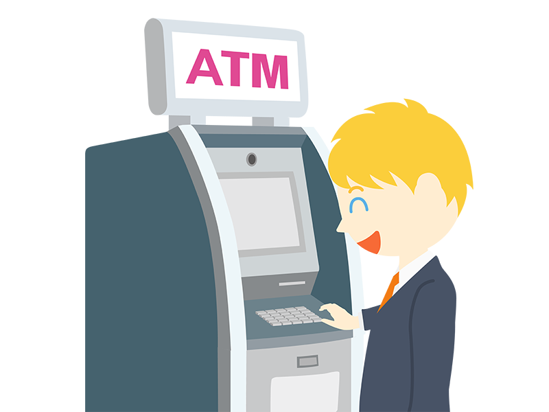 ATMを利用する、笑顔の白人ビジネスマンの透過PNGイラスト