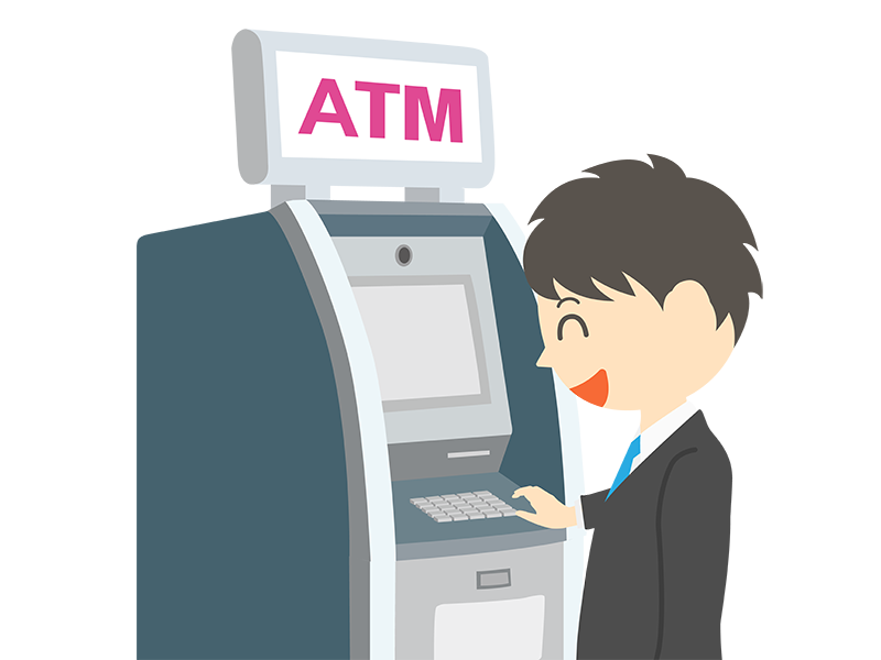 ATMを利用する、笑顔のビジネスマンの透過PNGイラスト