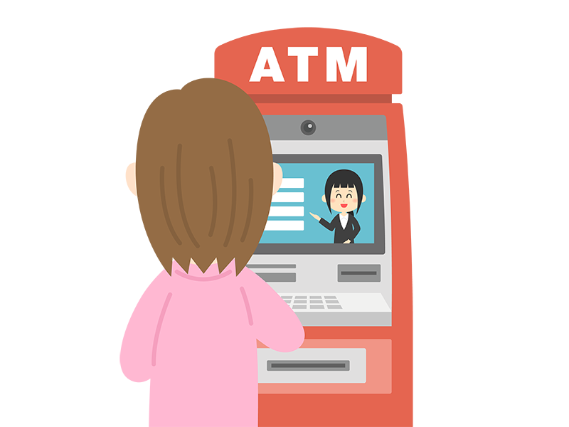 ATMを利用する女性の後ろ姿の透過PNGイラスト