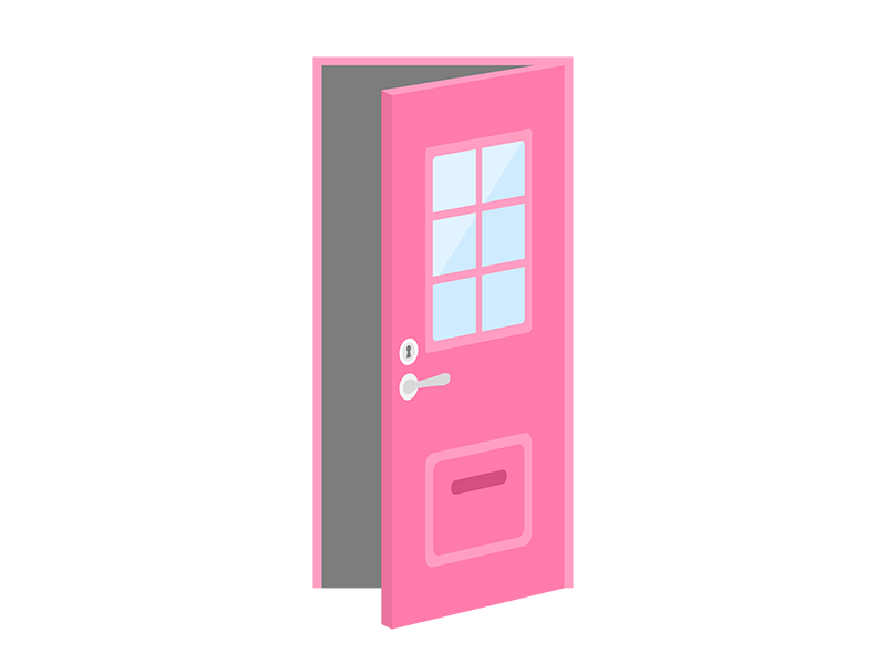 開いている、ピンク色の玄関のドアの透過PNGイラスト