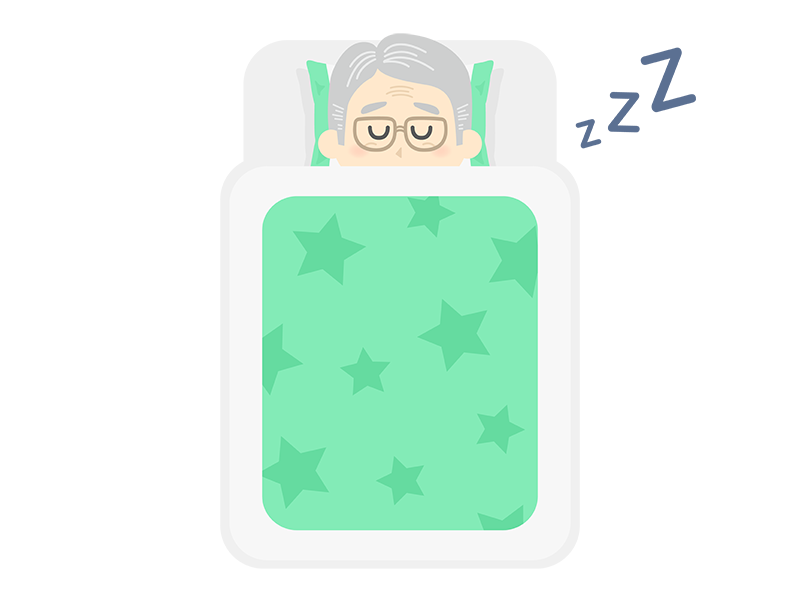 いびきをかいて、布団で寝ている年配男性の透過PNGイラスト