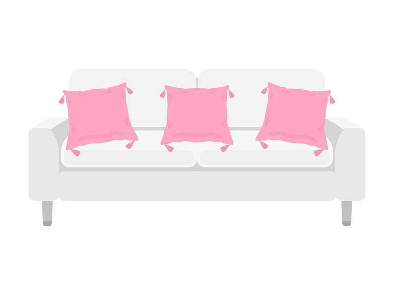 白色の二人がけソファーとピンク色のクッションの透過PNGイラスト
