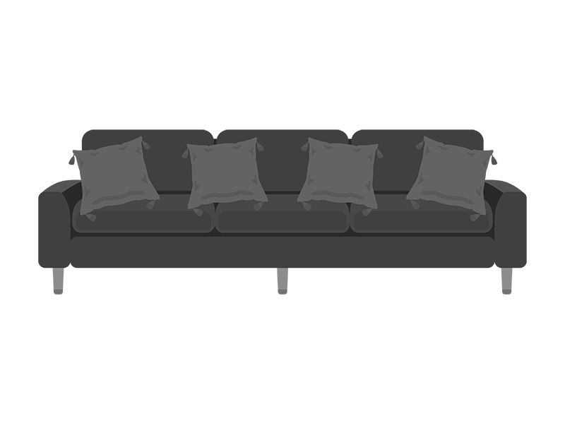 黒色の三人がけソファーとクッションの透過PNGイラスト