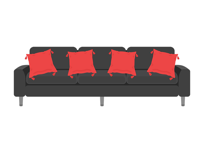 黒色の三人がけソファーと赤色のクッションの透過PNGイラスト