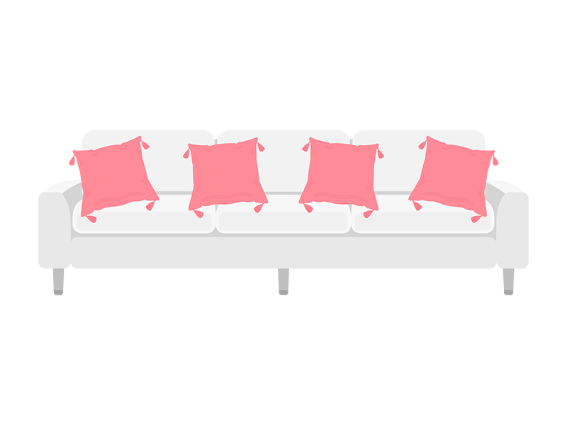 白色の三人がけソファーとピンク色のクッションの透過PNGイラスト