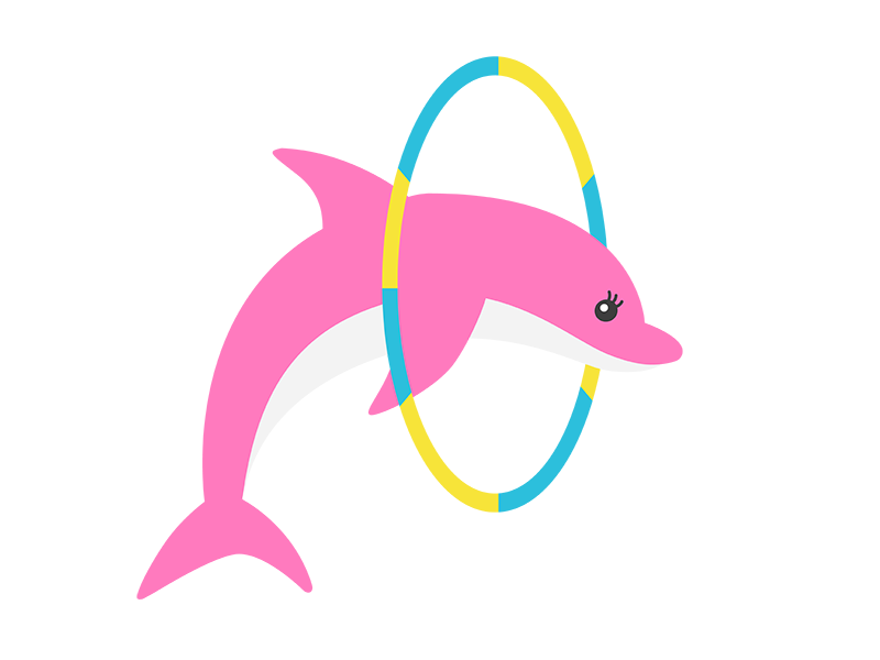 輪をくぐる、ピンク色のイルカの透過PNGイラスト