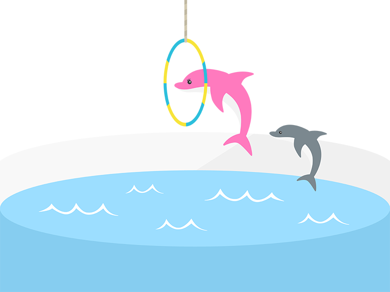 水族館のピンク色のイルカのショーの透過PNGイラスト