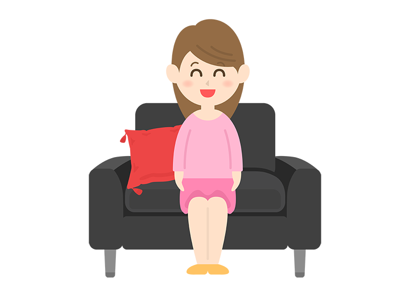黒色のシングルソファーに座る、笑顔の女性の透過PNGイラスト