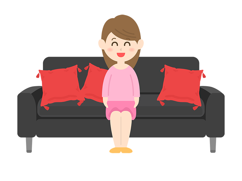 黒色のソファーに座る、笑顔の女性の透過PNGイラスト