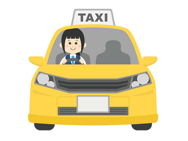黄色のタクシーと、女性の運転手の透過PNGイラスト