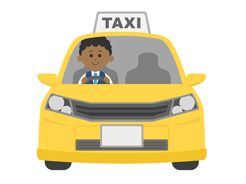 黄色のタクシーと、黒人の男性運転手の透過PNGイラスト