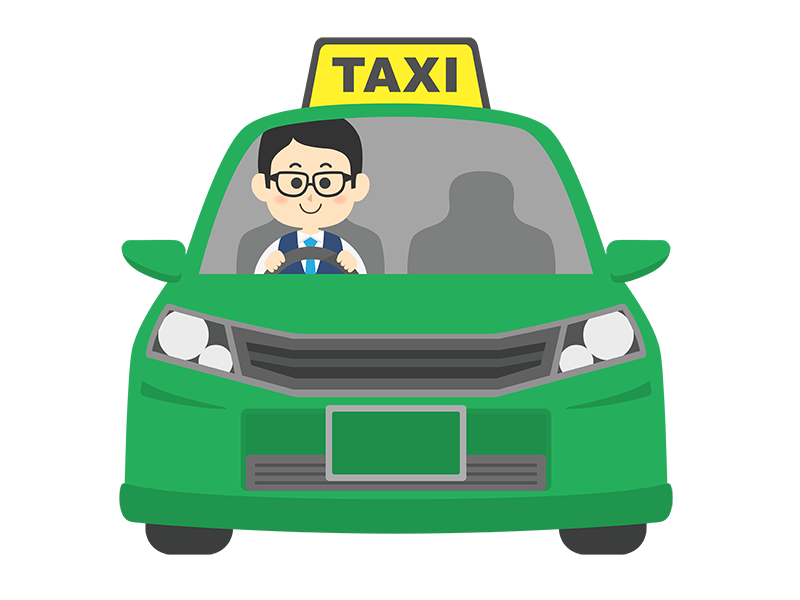 緑のタクシーと、メガネの男性の運転手の透過PNGイラスト