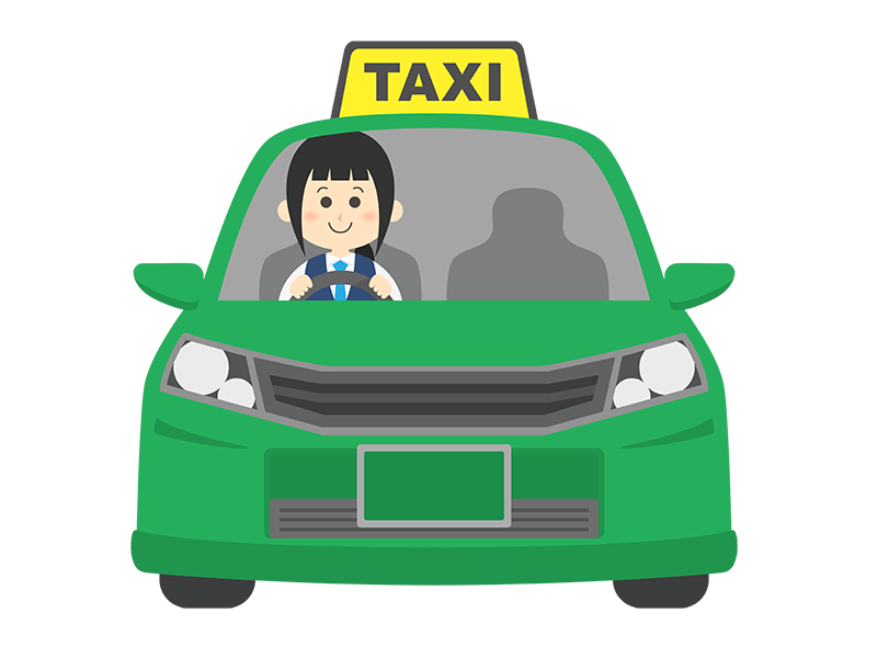 緑のタクシーと、女性の運転手の透過PNGイラスト
