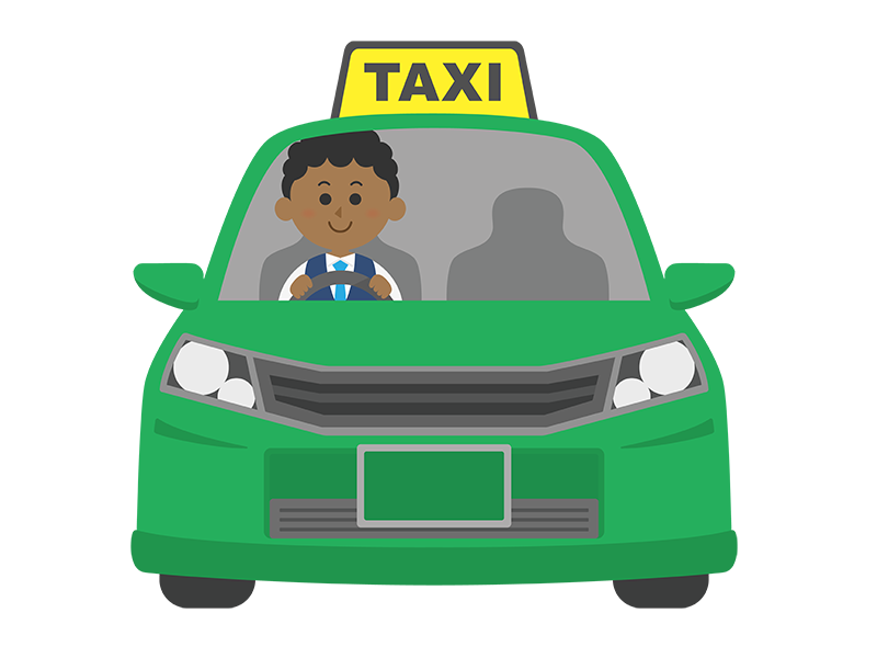 緑のタクシーと、黒人の男性運転手の透過PNGイラスト