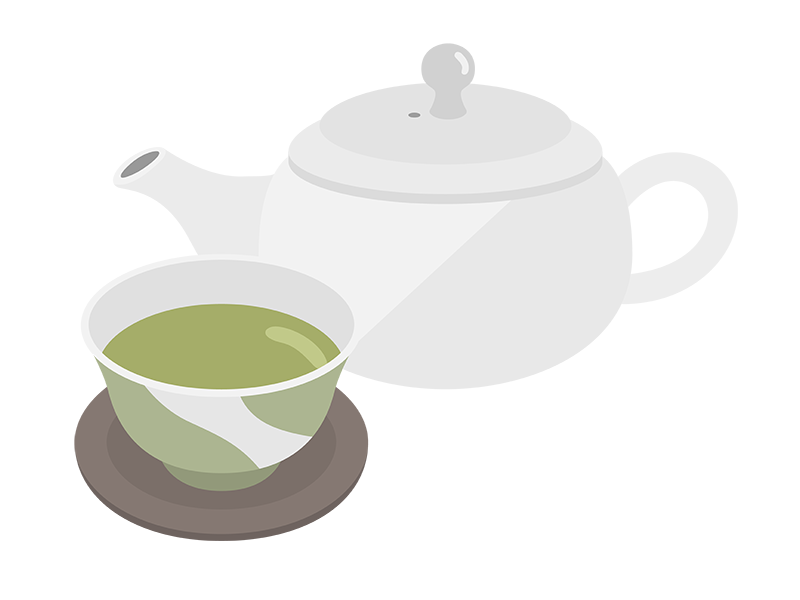白色の急須と、お茶の入った湯呑みの透過PNGイラスト