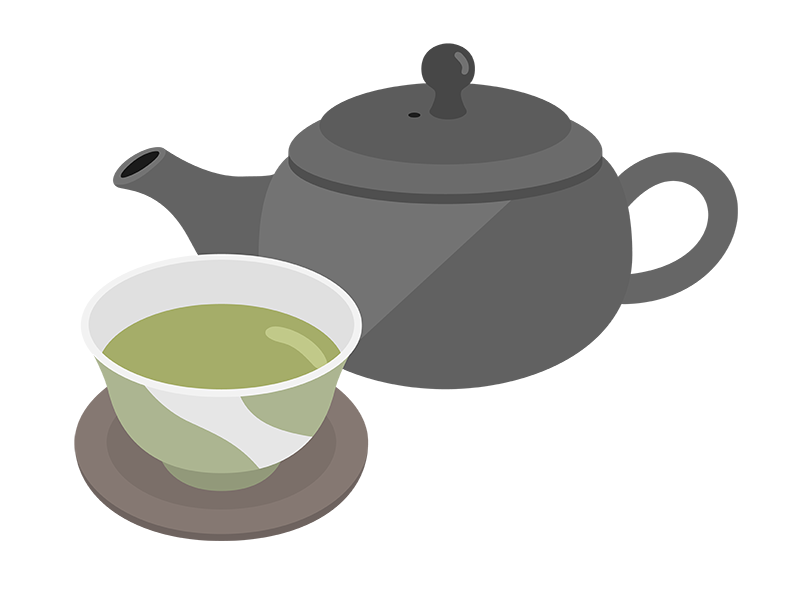 黒色の急須と、お茶の入った湯呑みの透過PNGイラスト