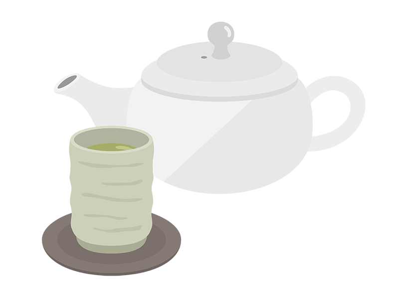 白色の急須と、緑茶の入った湯呑みの透過PNGイラスト