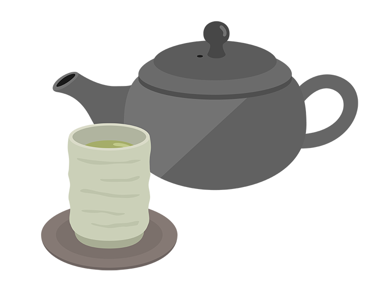 黒色の急須と、緑茶の入った湯呑みの透過PNGイラスト