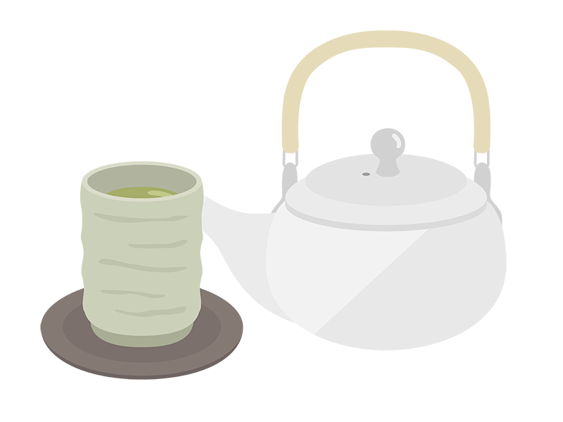 取っ手のついた、白色の急須と、緑茶の入った湯呑みの透過PNGイラスト