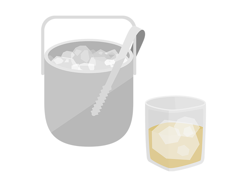 氷の入ったアイスペールとウイスキーグラスの透過PNGイラスト