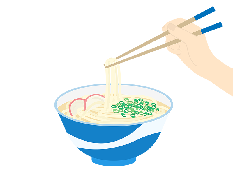 箸で食べる、かけうどんの透過PNGイラスト