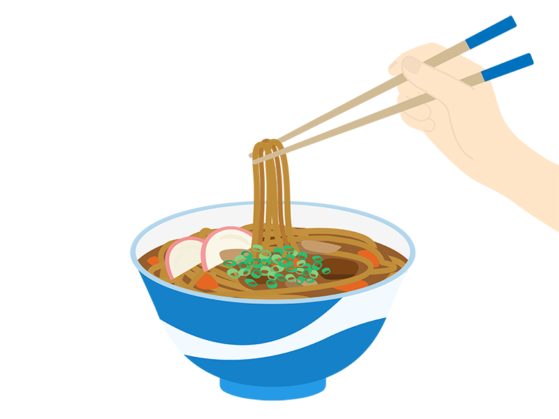 箸で食べる、カレーうどんの透過PNGイラスト