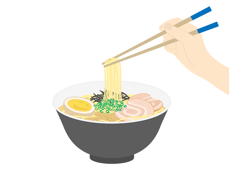 箸で食べる、とんこつラーメンの透過PNGイラスト