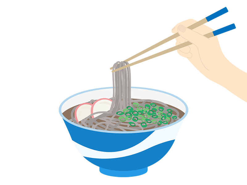 箸で食べる、温かい蕎麦の透過PNGイラスト