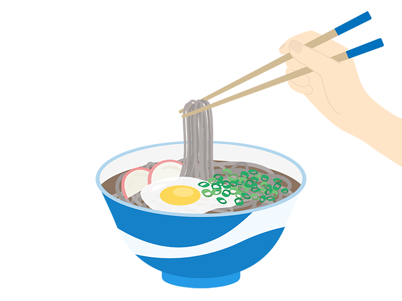 箸で食べる、温かい月見蕎麦の透過PNGイラスト
