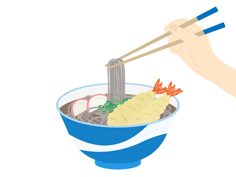 箸で食べる、えび天蕎麦の透過PNGイラスト