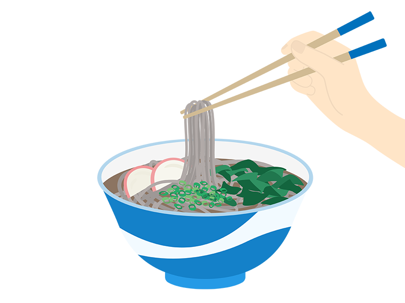 箸で食べる、ワカメ天蕎麦の透過PNGイラスト