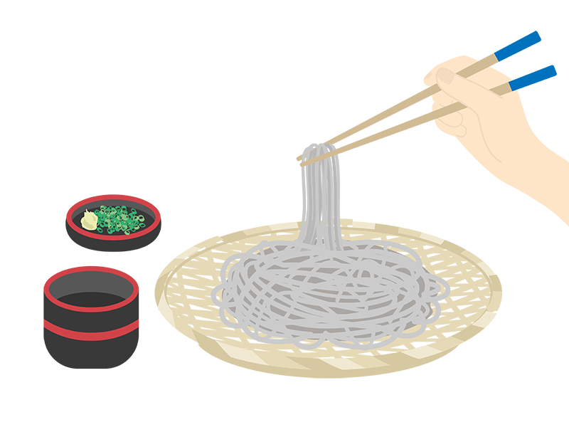 箸で食べる、竹笊に盛られた、ざる蕎麦のセットの透過PNGイラスト