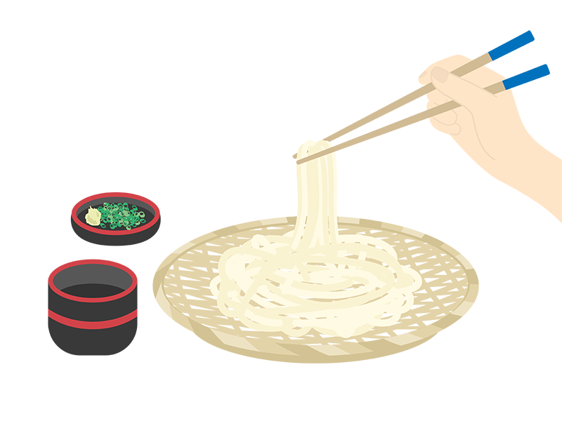 箸で食べる、竹笊に盛られた、ざるうどんのセットの透過PNGイラスト