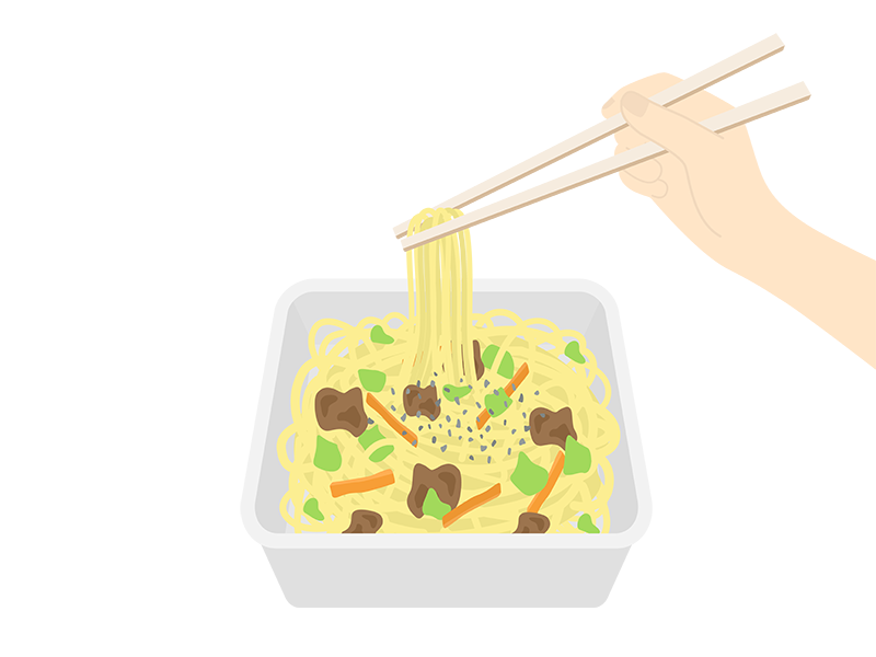 割り箸で食べる、カップの塩焼きそばの透過PNGイラスト