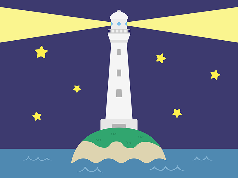夜にライトを照らす、島にある灯台の透過PNGイラスト