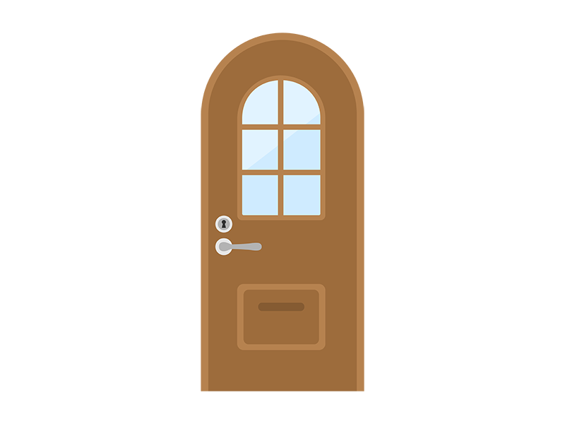窓付きの茶色の丸いドアの透過PNGイラスト