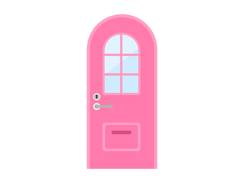 窓付きのピンク色の丸いドアの透過PNGイラスト