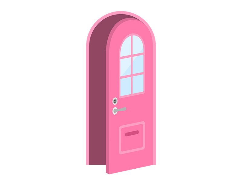 開いている窓付きの、ピンク色の丸いドアの透過PNGイラスト