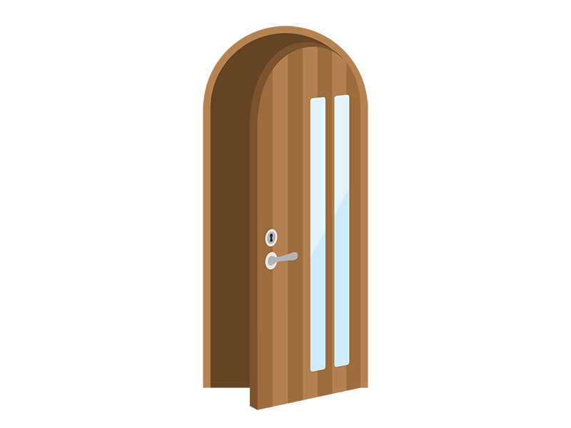 開いている窓付きの、木製の丸いドアの透過PNGイラスト