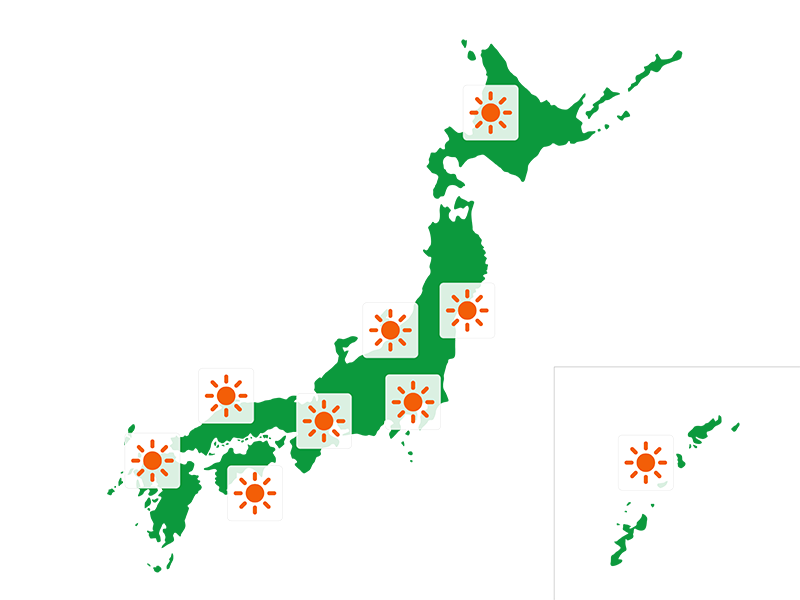 全国で、晴れマークが表示された、日本地図の透過PNGイラスト