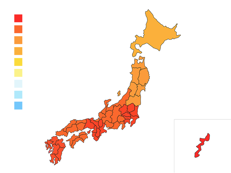 全国で高温が表示された、日本地図の透過PNGイラスト