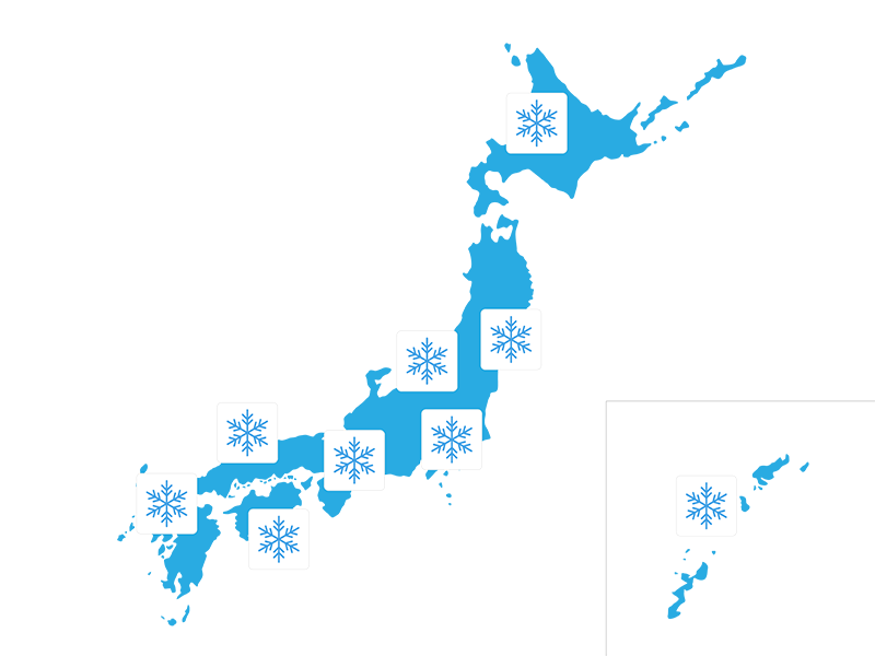 全国の天気予報で、雪マークが表示された、日本地図の透過PNGイラスト