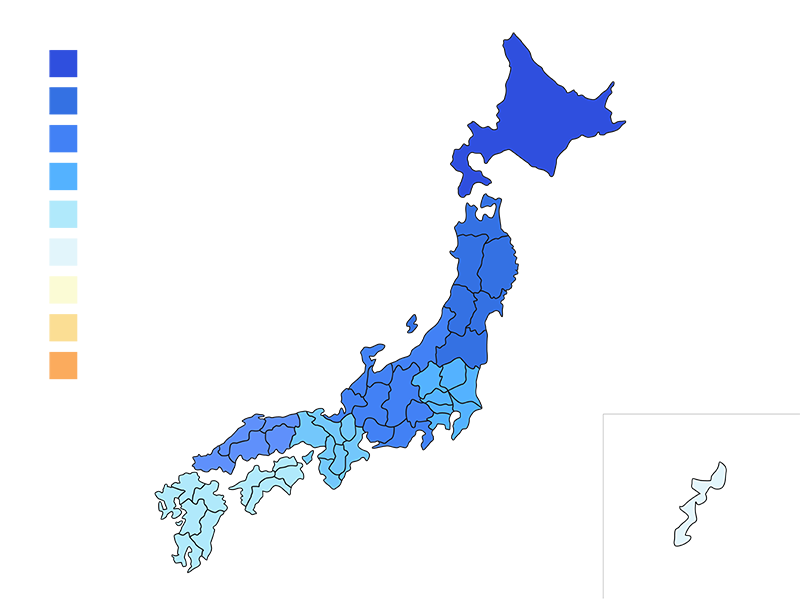 全国で低温が表示された、日本地図の透過PNGイラスト