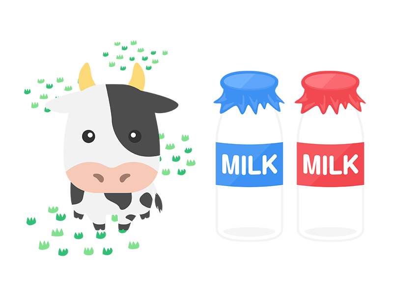 ホルスタインの牛のキャラクターと、瓶の牛乳の透過PNGイラスト