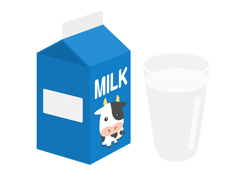 青色のパック牛乳と、グラスに入れた牛乳の透過PNGイラスト