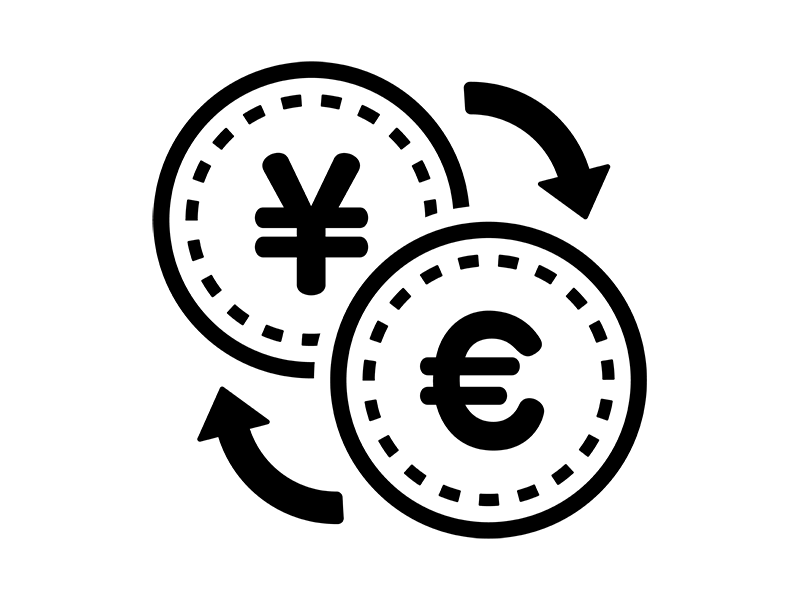 モノクロの円とユーロコインの、両替のアイコンの透過PNGイラスト
