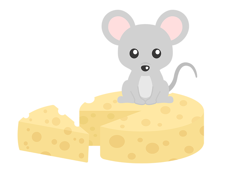 チーズに乗った、ネズミのキャラクターの透過PNGイラスト