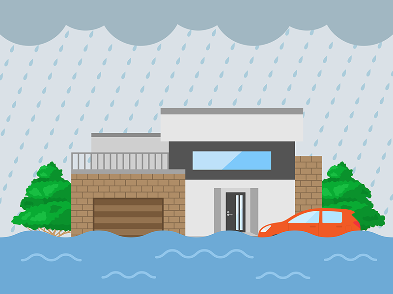 豪雨と洪水災害をうける、住宅の透過PNGイラスト