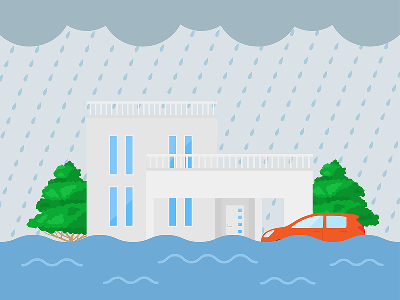 豪雨と洪水災害をうける、住宅の透過PNGイラスト