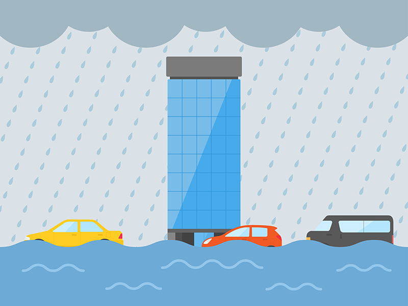 豪雨と洪水災害をうける、オフィスビルの透過イラスト